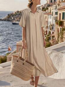 Isle Nomé Women's Casual Modest Vacation Loose Faux Linen V-Neck Pleated Bohemian Style Short Sleeve Dress For Spring And Summer Light Beige - Khaki - View 5