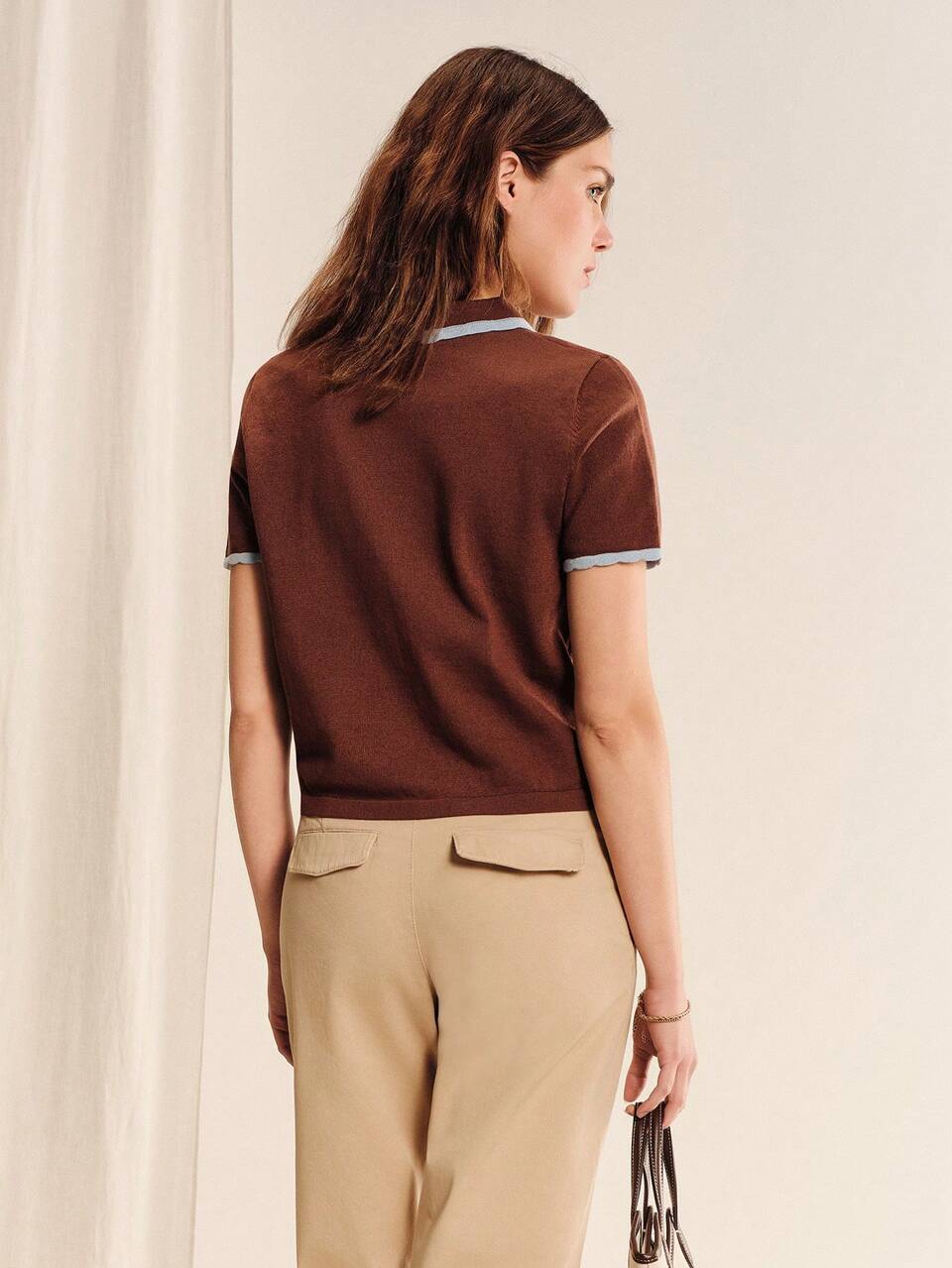 Fine Gauge Brown Knitted Button Front Polo Shirt With Blue Scallop Trim And Short Sleeves Chic Summer Autumn Office Casual