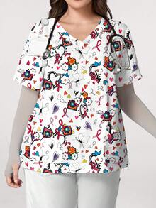 PopScrub Atasan Wanita Ukuran Besar Warna Putih Motif Kartun Bunga, Kupu-kupu, dan Pita, Model V-Neck Lengan Pendek dengan Saku, Tali Telinga, dan Desain Belahan, Atasan Seragam Kerja, Seragam Perawat Musim Semi/Panas, Atasan Seragam, Cocok untuk Rumah Sakit, Salon Kecantikan, dan Berbagai Institusi - MultiWarna - View 5