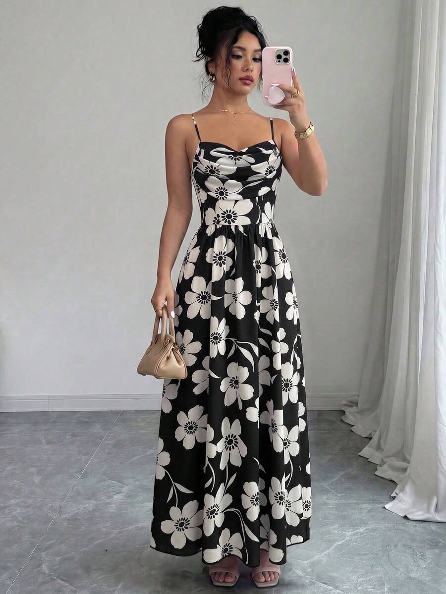 Selianne 女款精緻優雅浪漫婚禮賓客伴娘聚會細肩帶雪紡垂領收腰飄逸洋裝 - 彩色 - 查看 1