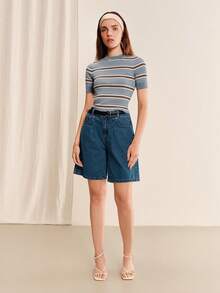 lacRébo Blue Striped Fitted Ribbed Top With Short Sleeves And Round Neckline Summer Holiday Chic French Business Casual - Multicolor - View 4