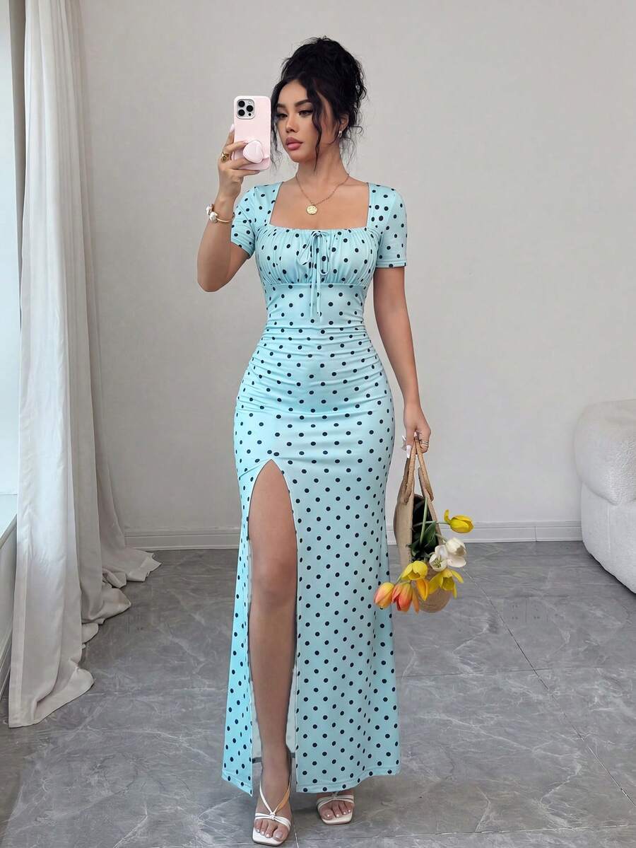 Rafferiza 女款夏季短袖長洋裝 數位印花度假洋裝 海灘度假洋裝 裙襬開衩腰部抓皺長洋裝 - 淺藍色 - 查看 1