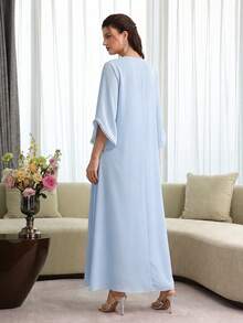 Yasmyna French Square Neck Romantic Purple Embroidered Loose Fit Youthful Long Sleeve Full Skirt Elegant Women's Dress - Blue - View 5
