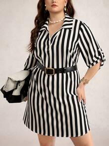 SHEIN LUNE Vestido a rayas casual para ir al trabajo de talla grande - Negro - Ver 6