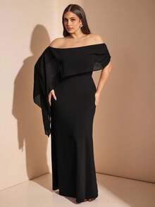 SHEIN BAE Plus Size Women's Black Off-Shoulder Ribbon Long Dress Evening Formal Summer Elegant - Black - View 8
