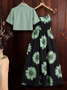 SHEIN Clasi 女士时尚优雅两件套，包含舒适的夏季短袖衬衫和吊带连衣裙，休闲办公装，适合女性返校季穿着，夏季两件套，两件套服装，两件套夏季服装，女士连衣裙套装 - 薄荷綠 - 查看 2