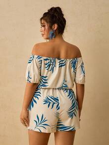 SHEIN VCAY Plus Size Striped & Printed Belted Batwing Sleeve Jumpsuit With Front Button - Blue - View 2