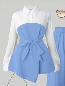 Franclia Minimalist Elegant Autumn Shirt And Straight Leg Split Hem Pants 2 Pieces Set - Blue - View 4
