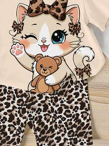 Summer Baby Girl Casual Multi-Piece Set, Brown & Apricot Leopard Print Cartoon Rabbit Pattern, Round Neck Short Sleeve T-Shirt & Shorts - Multicolor - View 5