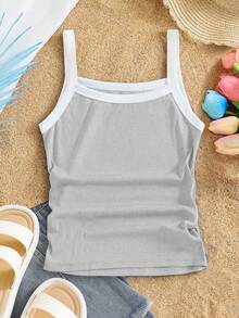SHEIN Sparklyn Tween Girls' Casual Fitted Contrast Color Camisole,Grey Summer Knitted Ribbed Spaghetti Strap Top,City Break Versatile Style Kids All-Match Cami - Light Grey - View 6