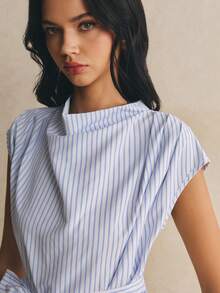 Poéselle 女款條紋腰部繫帶短袖休閒襯衫 - 藍白色 - 查看 3