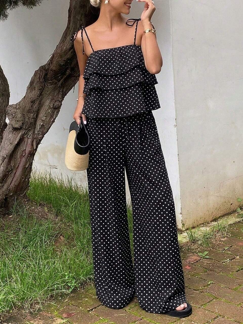 Fashionable Women's 2 Pieces Set, Ruffle Trim Cropped Camisole Top And High-Waisted Tie-Waist Wide Leg Casual Pants, Summer Vacation