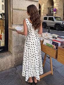 Siren Gaze Summer New Polka Dot Square Neck Color Block Waist-Cinched Long Dress For Women - Apricot - View 3