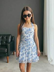 Firerie Kids Firerie Kids 青少年女孩休閒度假黑白波點掛脖A字版可愛洋裝 - 藍白色 - 查看 1