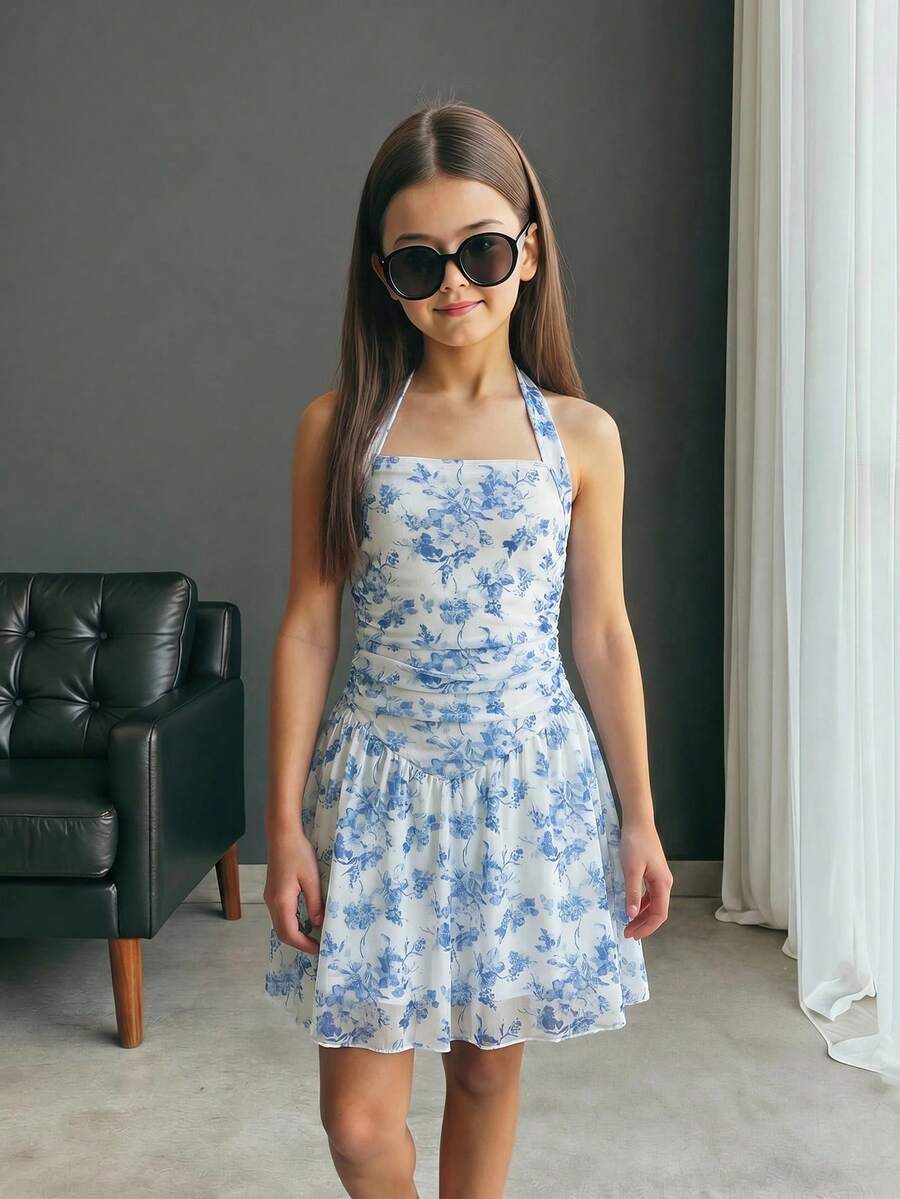Firerie Kids Firerie Kids 青少年女孩休閒度假黑白波點掛脖A字版可愛洋裝 - 藍白色 - 查看 1