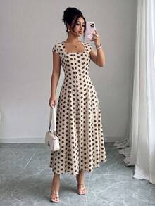 Vestido Midi Verde Oliva para Mujer , Cuello Cuadrado, Cintura Ajustada, Corte en A, Manga Corta, para Verano, Fiesta de Té, Trabajo, Playa, Vacaciones, Festival de Música, Cerveza - Albaricoque 2 - Ver 4