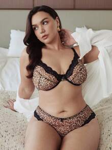 Slumbrini 1 Set Women's Solid Color Leopard Lace Underwire Bra & Panty Set - Multicolor - View 3