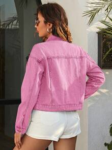 Flexra Casual Washed Cropped Denim Jacket - Hot Pink - View 2