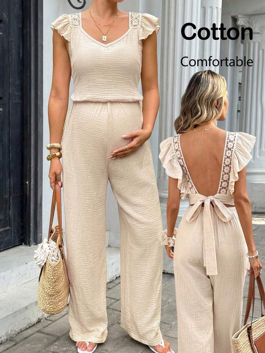 SHEIN Maternity Casual Solid Color Cap Sleeve Jumpsuit Beach Baby Shower Outfits Casual Outfits Summer - Apricot - View 1