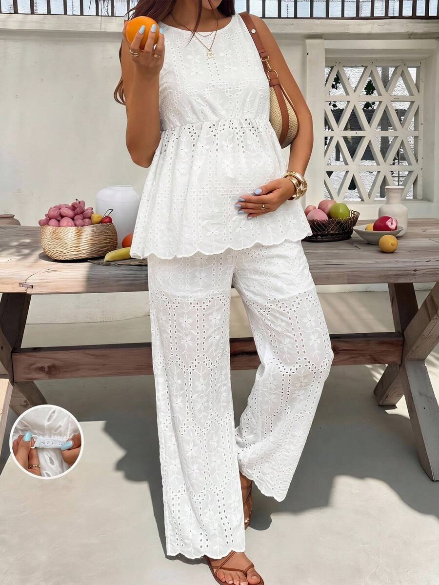 SHEIN Maternity Sets Spring/Summer White Two-Piece Set With Openwork Embroidery Comfortable And Casual Maternity Vacation Style Photoshoot Maternity