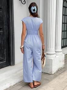 SHEIN Frenchy Women's Blue And White Stripe Vacation Versatile Tie-Waist Loose Jumpsuit Summer Tropical Casual - Blue and White - View 3