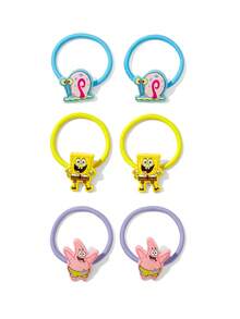 SpongeBob SquarePants | SHEIN 6入組可愛卡通糖果色髮圈，女用髮繩，彈性不傷髮，橡皮筋，紮髮馬尾造型，藍色、粉色、黃色 - 彩色 - 查看 4