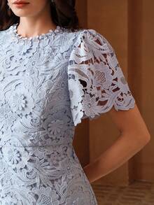 Anewsta Women's Elegant Water-Soluble Floral Hollow-Out Long Dress - Blue - View 2