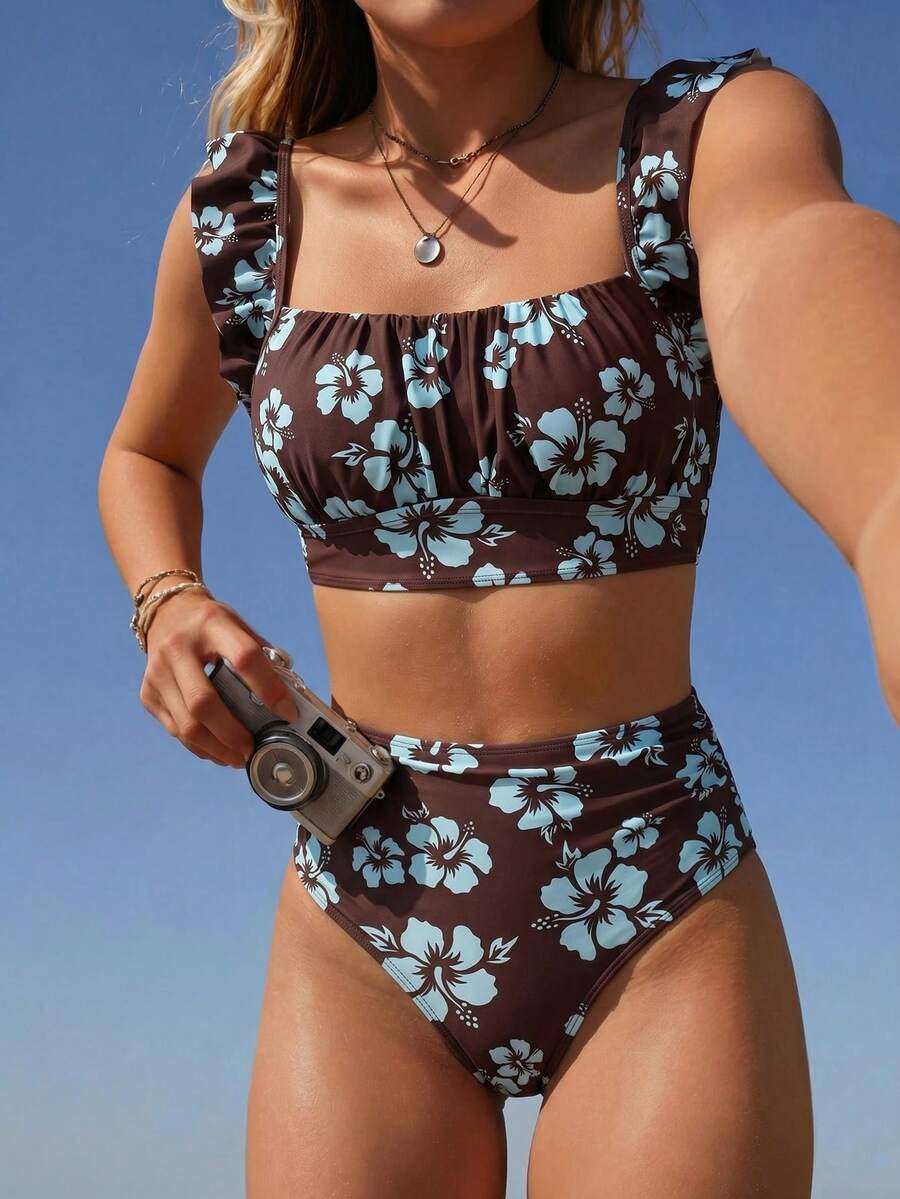 Swim Mod 2 piezas Conjunto de top con volantes de tirantes y Bottom triangular fruncida de cintura alta de unicolor para mujer, elegante para vacaciones y playa - Multicolor - Ver 1
