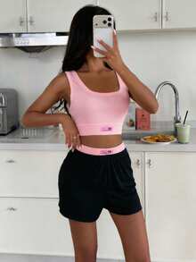 ZzzCrew Conjunto de pijama de camiseta y pantalones cortos con textura acanalada, de alta elasticidad y de colores contrastantes vibrantes para mujer - Multicolor - Ver 3