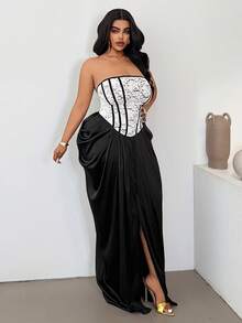 Maweii Plus Size Elegant Party Color Block Lace Patchwork Strapless Dress - Multicolor - View 2