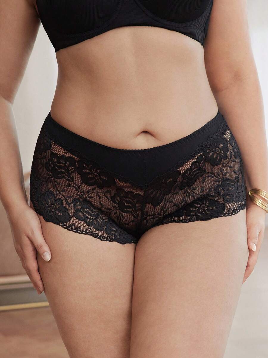 Slumbrini 3 piezas Pantalones cortos tipo bóxer de encaje talla grande para mujeres - Negro - Ver 1