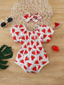 SHEIN Baby Girl Pattern Print Short Sleeve Bodysuit - Red - View 2