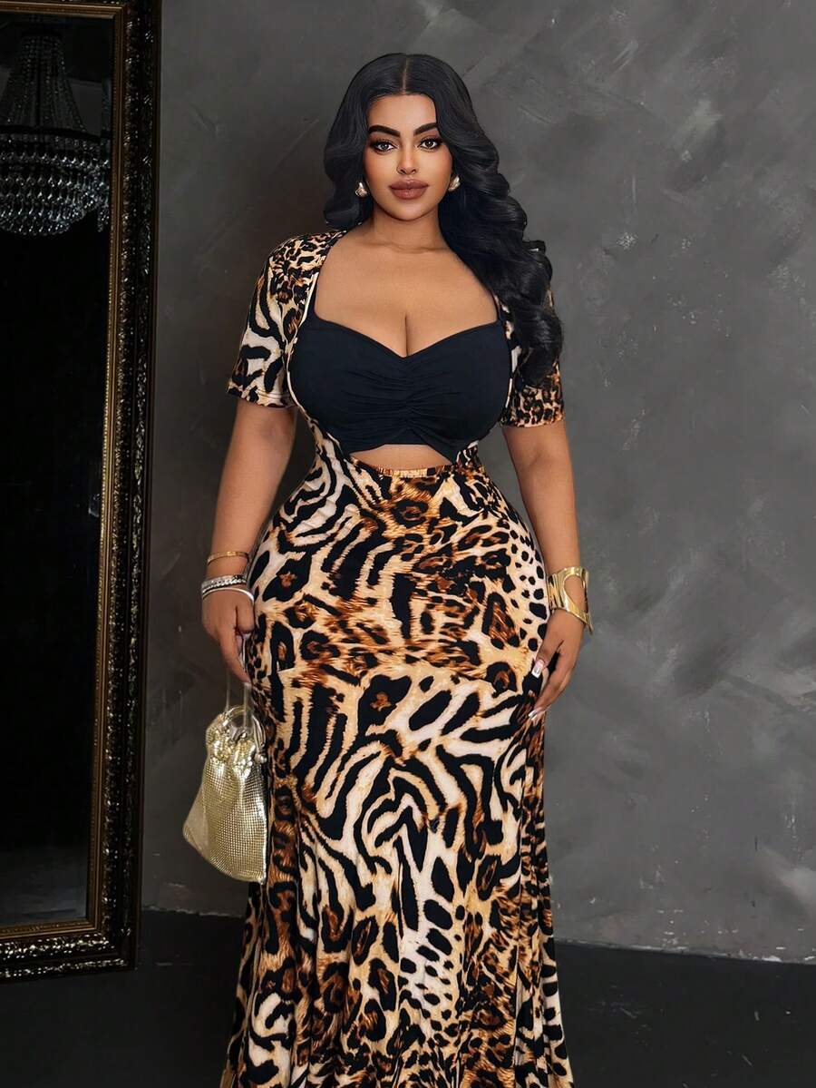 Maweii Vestido de Resort Sexy con Estampado de Leopardo Talla Grande - Marrón - Ver 1