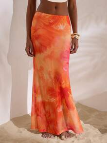 Opulessa Knitted Mesh Printed Low-Waist Fitted Mermaid Hem Skirt For Women - Orange - View 1