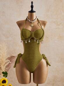 Bellisia 26SS Spring/Summer Vacation Apricot Vintage Square Neck Slimming Braided Rope Starfish Shell Square Neck One-Piece Top And Skirt Swimsuit 2-Piece Set - Army Green - View 5