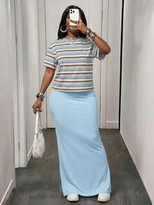 Slaydiva Summer Women's Short Sleeve Top And Skirt 2pcs Casual Daily Y2k Loungewear Going Out Vacation Back To School Holiday Blue And White Striped Baby Blue - Multicolor - View 2