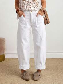EMERY ROSE Plus Size Solid Color Slant Pocket Casual Straight Leg Jeans - White - View 1