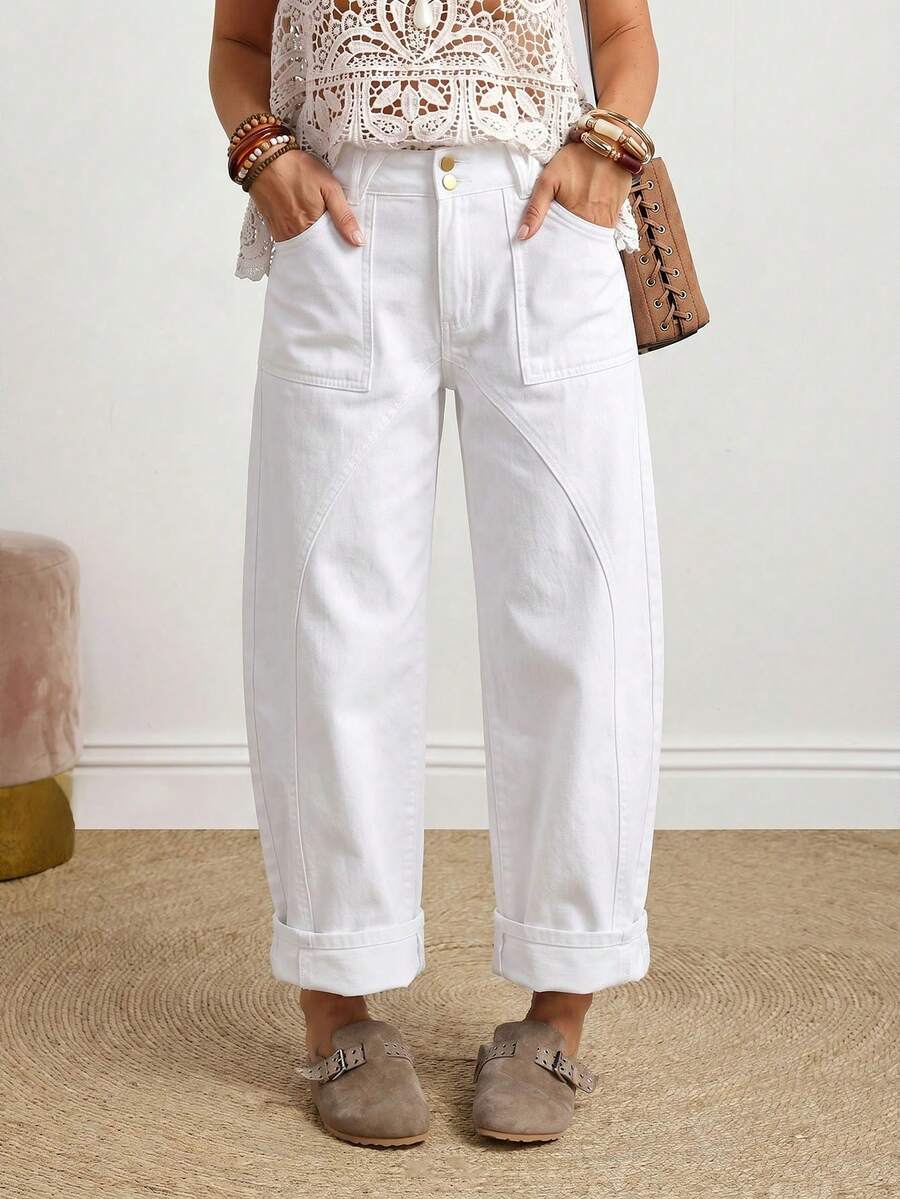 EMERY ROSE Plus Size Solid Color Slant Pocket Casual Straight Leg Jeans - White - View 1