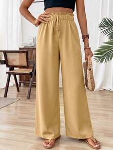 SHEIN Holidaya 女款素色高腰打結休閒日常寬腿長褲 - 卡其色 - 查看 5