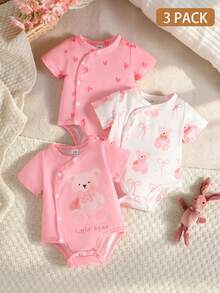 SHEIN 3件組可愛嬰兒/新生兒休閒簡約百搭舒適親膚短袖連身衣，可愛熊圖案，舒適衣著，適合春夏秋冬日常穿著、生日派對與拍照紀念，新春/夏季設計 - 粉色 - 查看 4