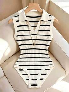 GlowEve Black And White Ribbed Polo Collar Ribbed Knit Fitted Versatile Bodysuit - Beige - View 4