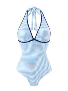 Swim Vcay Spring/Summer New Women's Striped One-Piece Swimsuit With Cover-Up Skirt, Beach Vacation - Blue - View 8