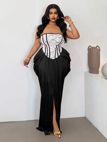 Maweii Plus Size Elegant Party Color Block Lace Patchwork Strapless Dress - Multicolor - View 1