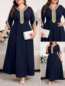 Reflora Vestido Elegante de Fiesta con Parches de Encaje Talla Grande - Azul - Ver 2