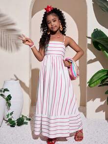 Tween Girl Fashion Resort Pink Spaghetti Strap A-Line Dress - Pink - View 3