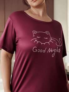 Slumbrini Pijama de mujer talla grande con estampado de gato, compuesto por camiseta de manga corta y pantalón de siete cuartos, color rojo, nuevo estilo de primavera/verano - Burdeos - Ver 7
