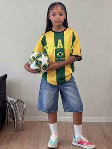 青少年女孩夏季巴西風直條紋數位印花休閒寬鬆中長版圓領落肩T恤，送給朋友的禮物 - 黃色 - 查看 2
