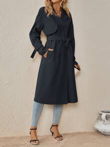 SHEIN Clasi Gabardina con manga raglán, doble botonadura y cinturón para otoño/invierno - Azul Marino - Ver 6