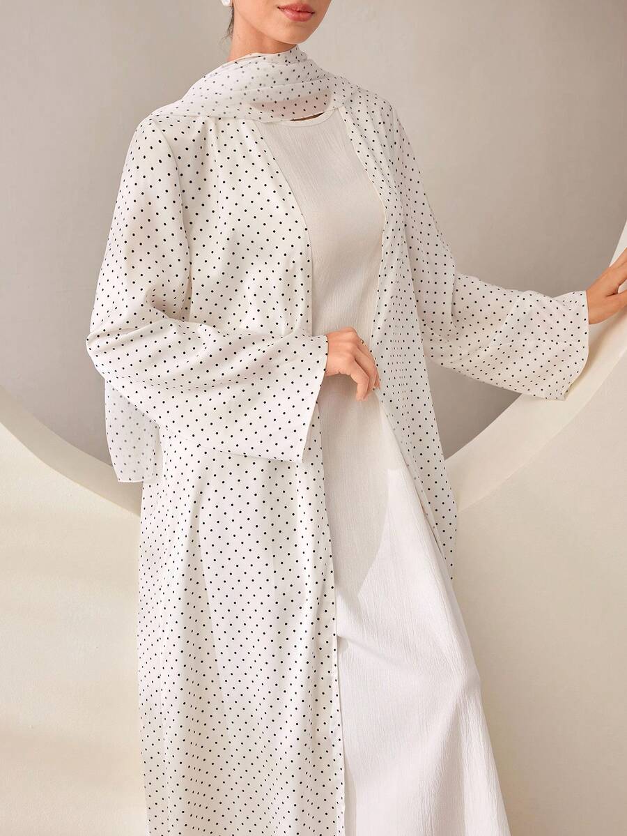 Graceveil Women Summer Elegant Eritrean Polka Dot Open Abaya Kimono Robe, Minimal Soft Style For Daily Walks, Friends Meetups Street Shopping - White - View 1