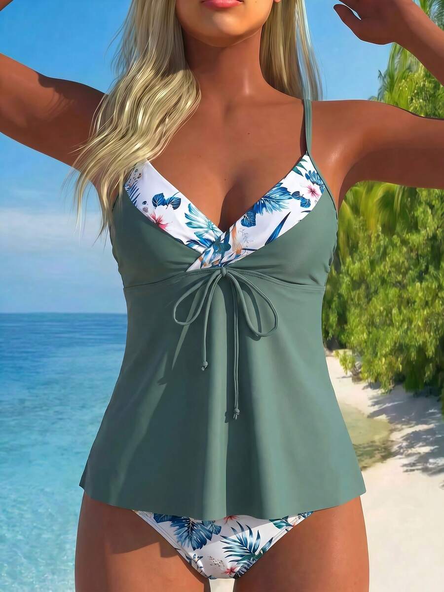 Swim Lushoire Set Pakaian Renang Pantai Musim Semi/Panas 2 Potong, Bikini Motif Bunga Seluruh Permukaan, Atasan Tank Top dan Celana Pendek Wanita - MultiWarna - View 1